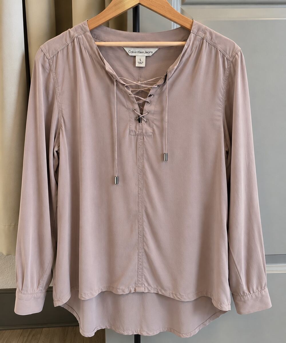 NWT Calvin Klein Jeans Silver Rose Lace-Up Tunic Blouse Women's L